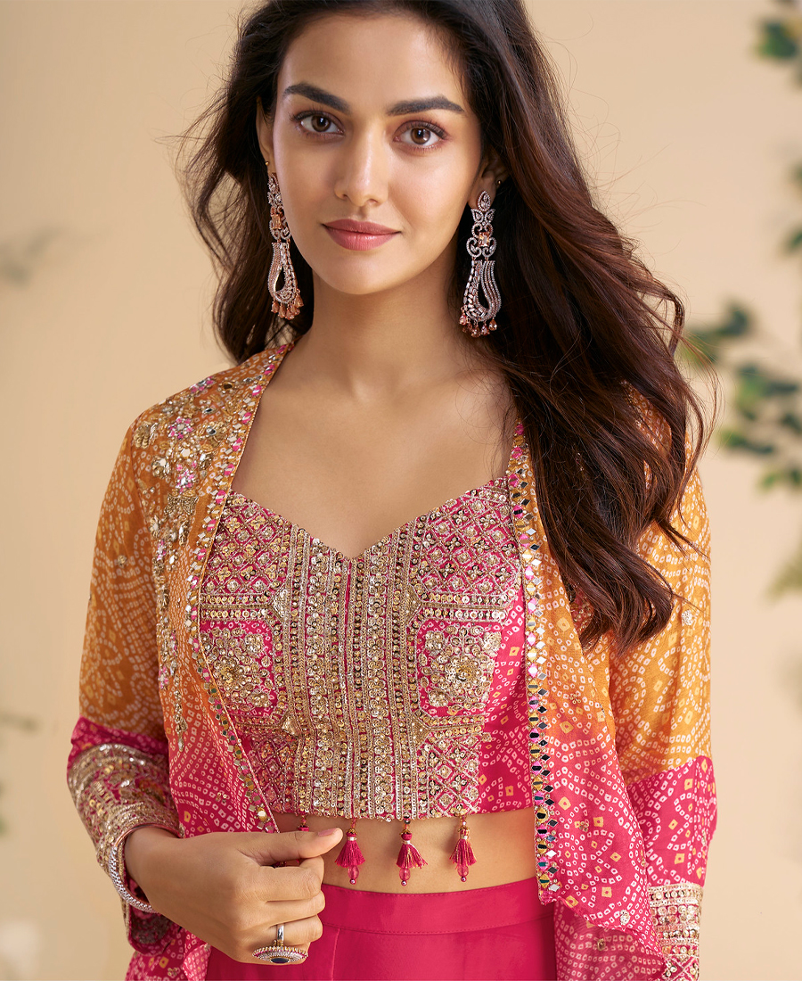 Designer Pink Bandhani Printed Indowestern Suit For Women