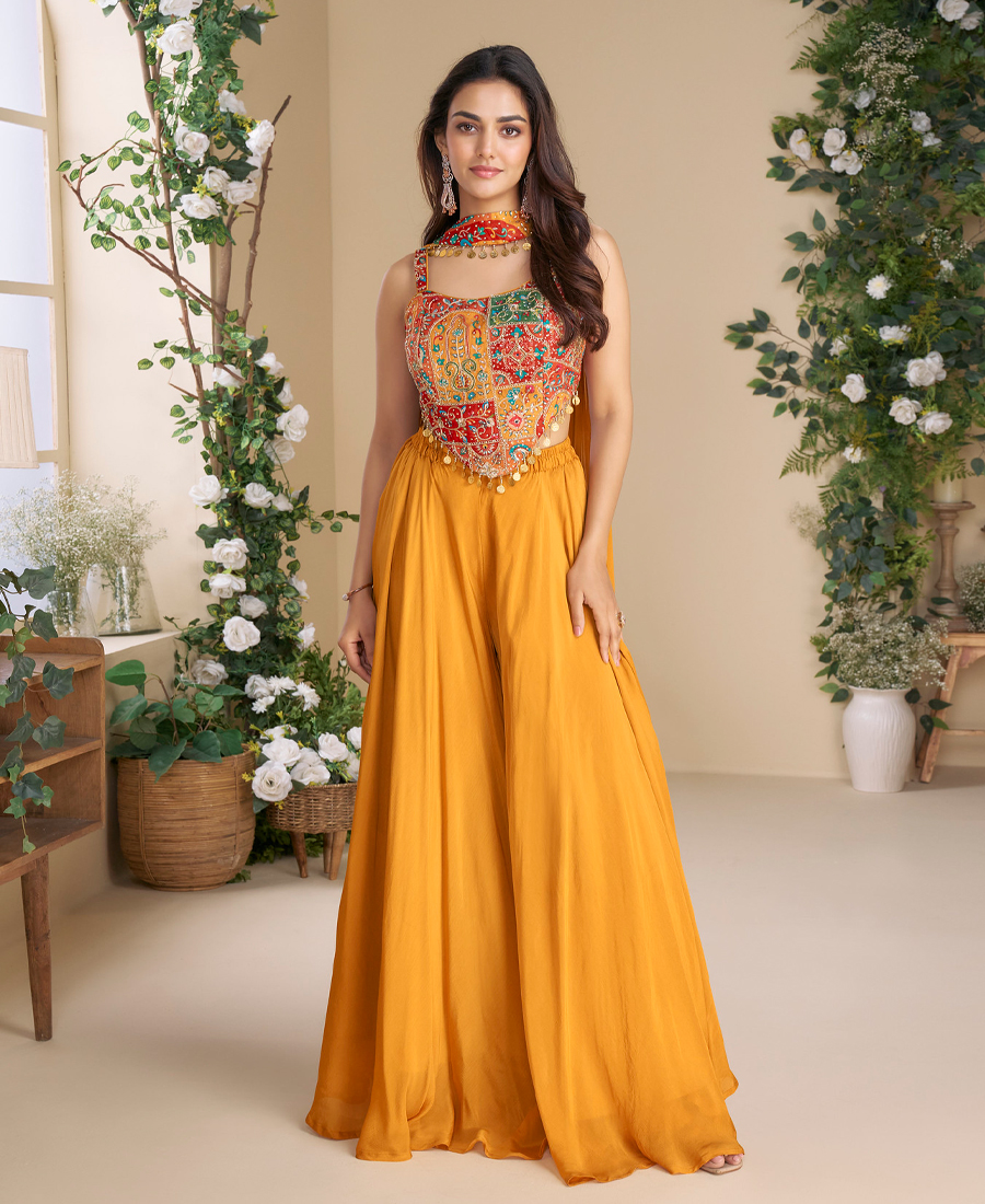 Designer Orange Bandhani Printed Indowestern Suit For Women