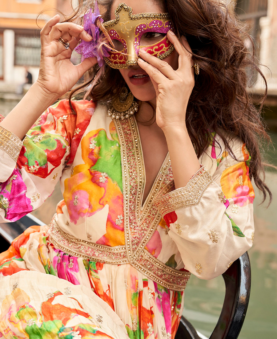 Designer White Floral Printed Wedding Wear Chinon Anarkali Gown For Women - Image 2