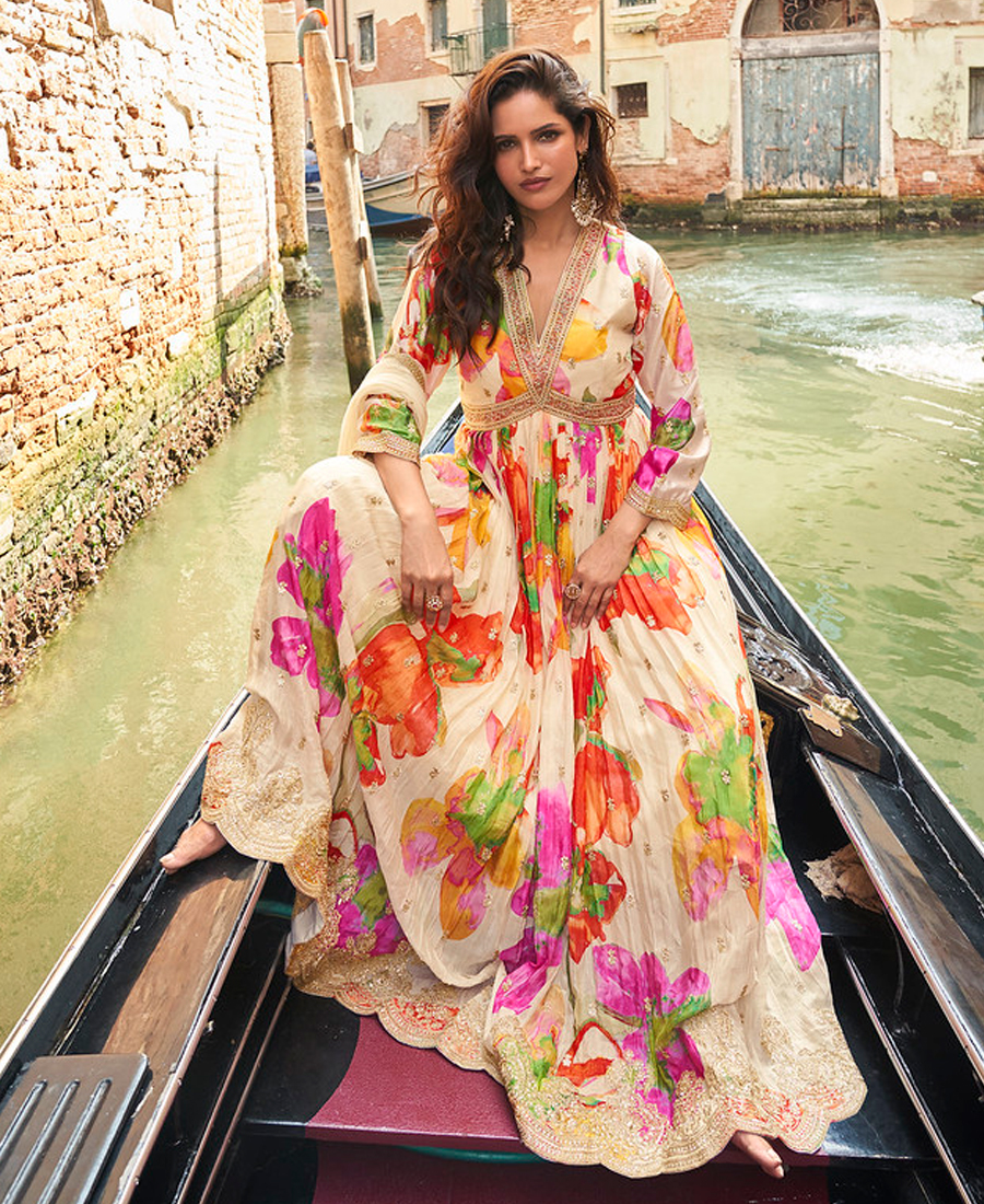 Designer White Floral Printed Wedding Wear Chinon Anarkali Gown For Women