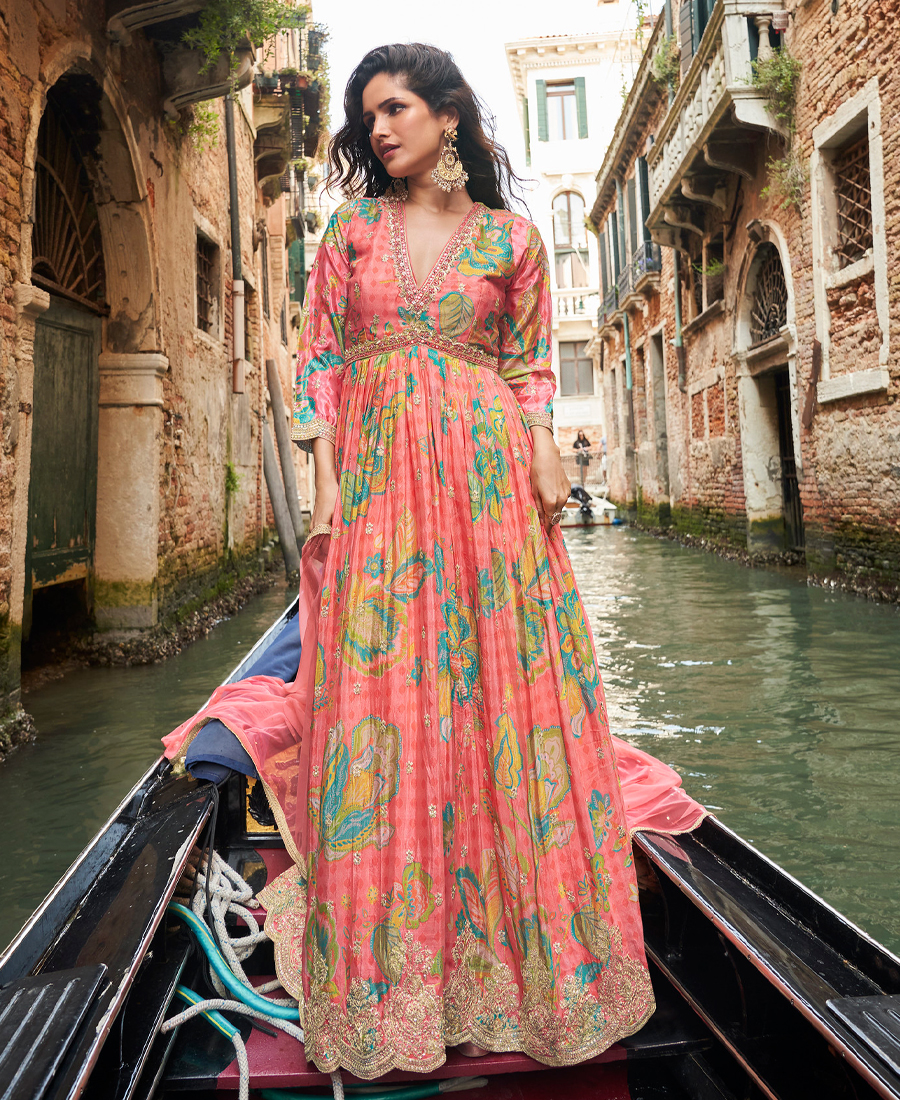 Designer Pink Floral Printed Wedding Wear Chinon Anarkali Gown For Women - Image 4