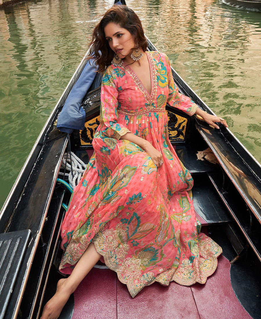 Designer Pink Floral Printed Wedding Wear Chinon Anarkali Gown For Women - Image 3