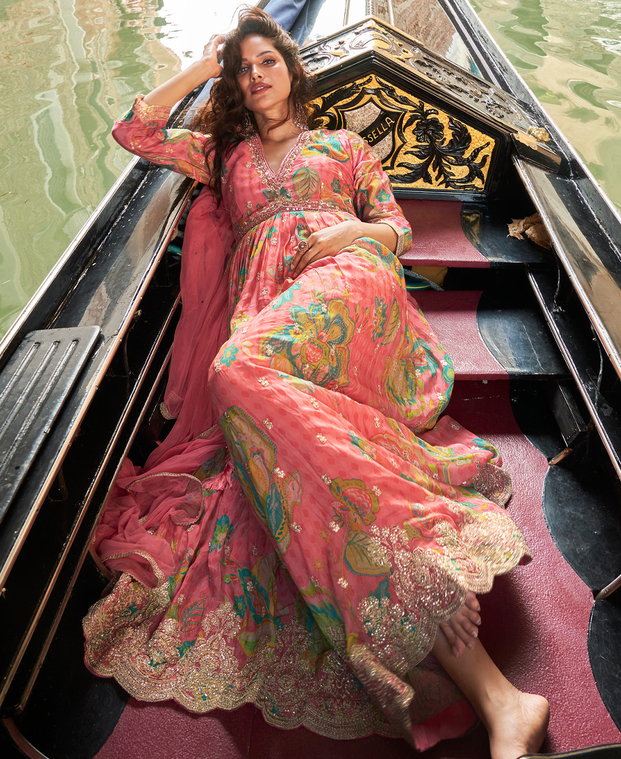 Designer Pink Floral Printed Wedding Wear Chinon Anarkali Gown For Women - Image 2