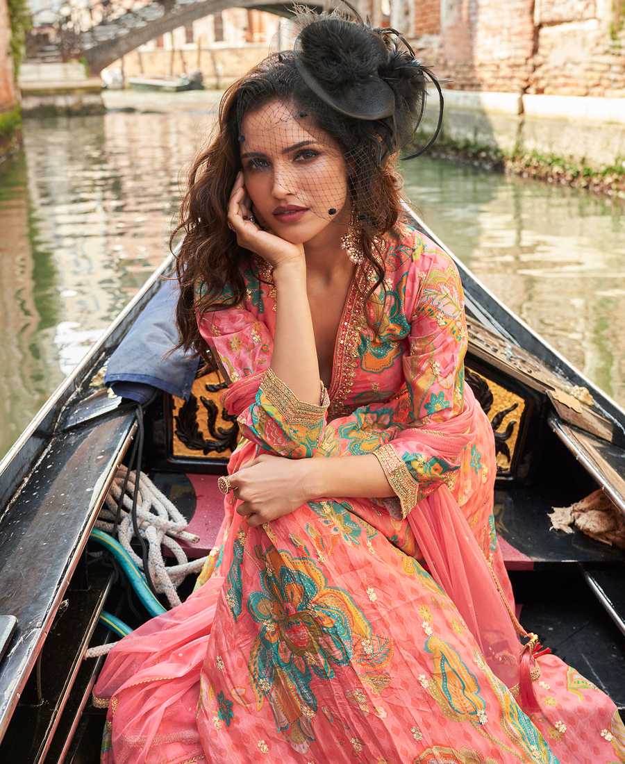 Designer Pink Floral Printed Wedding Wear Chinon Anarkali Gown For Women