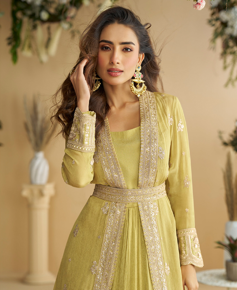 Beautiful Yellow Wedding Wear Indo Western Style Shrug Anarkali Set For Women