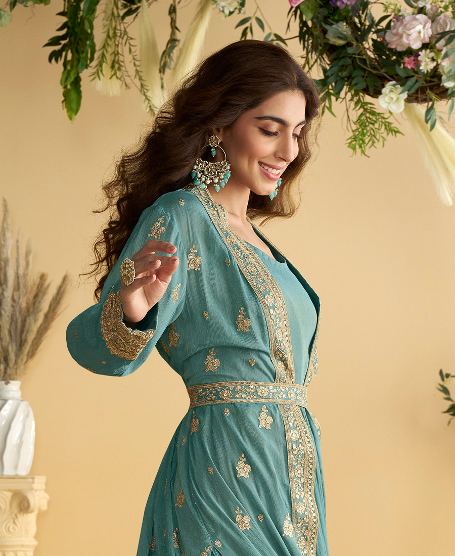 Beautiful Sky Blue Wedding Wear Indo Western Style Shrug Anarkali Set For Women