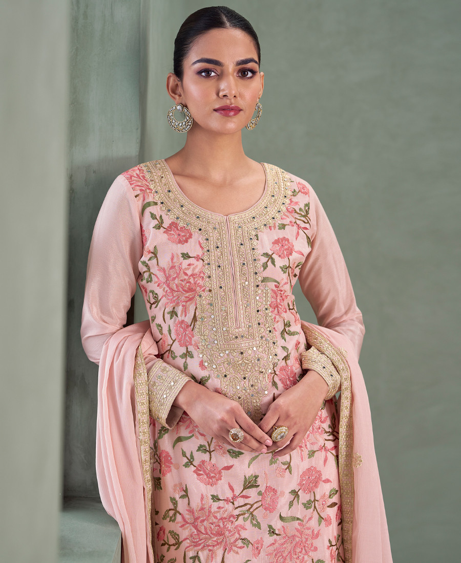Traditional Wedding Wear Pink Chinon Long Straight Suit For Women Wear