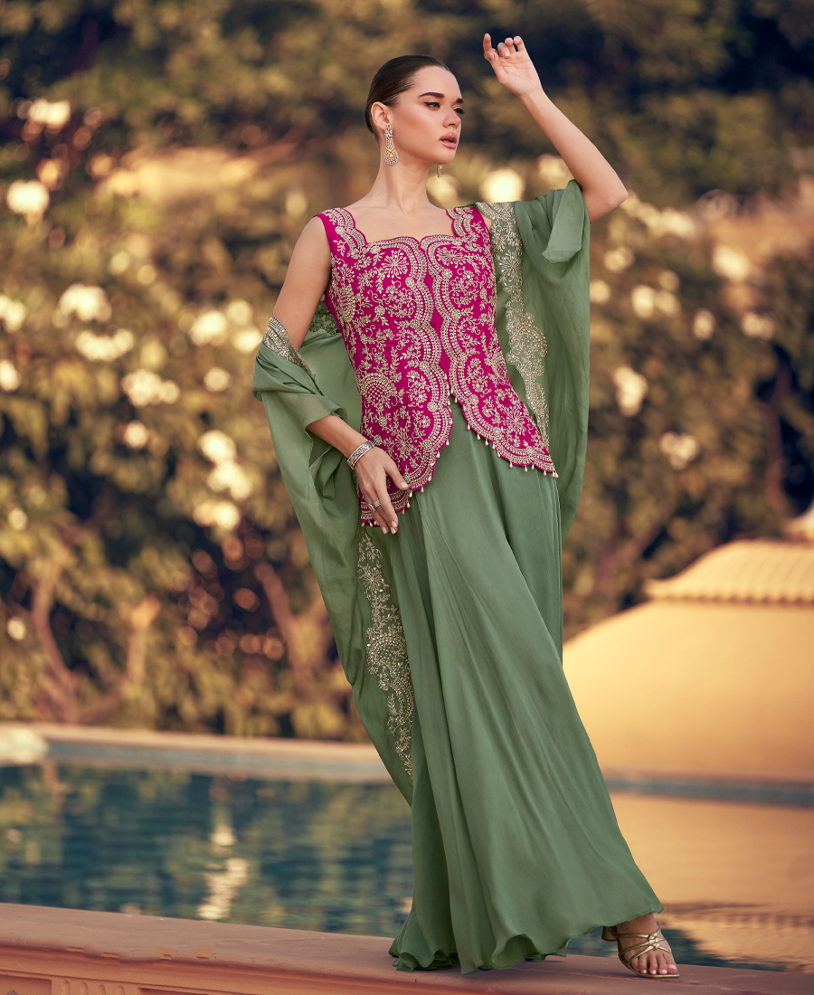 Elegant Pista Green Crop Top Suit Set For Women Wedding Wear - Image 4