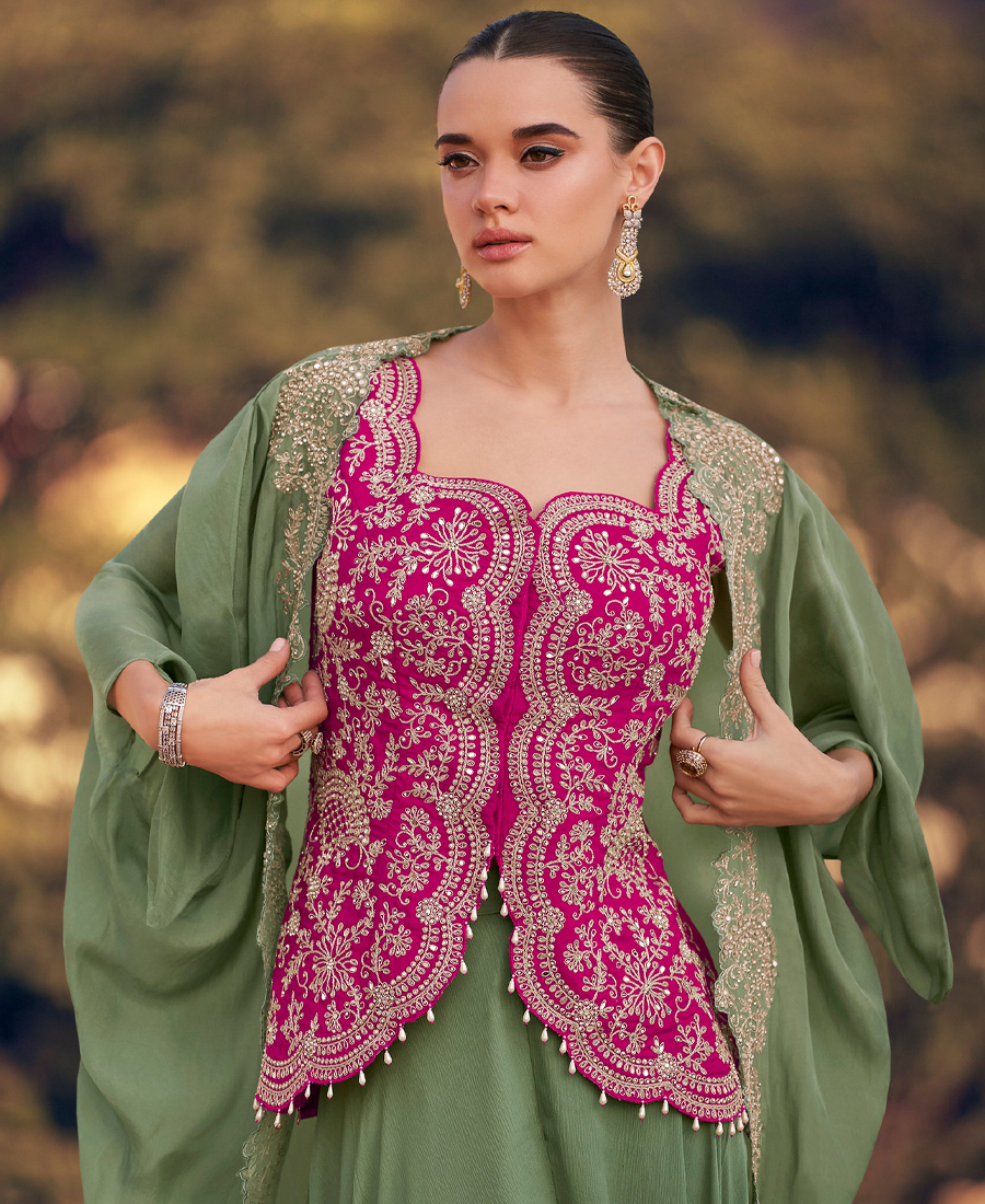 Elegant Pista Green Crop Top Suit Set For Women Wedding Wear - Image 3