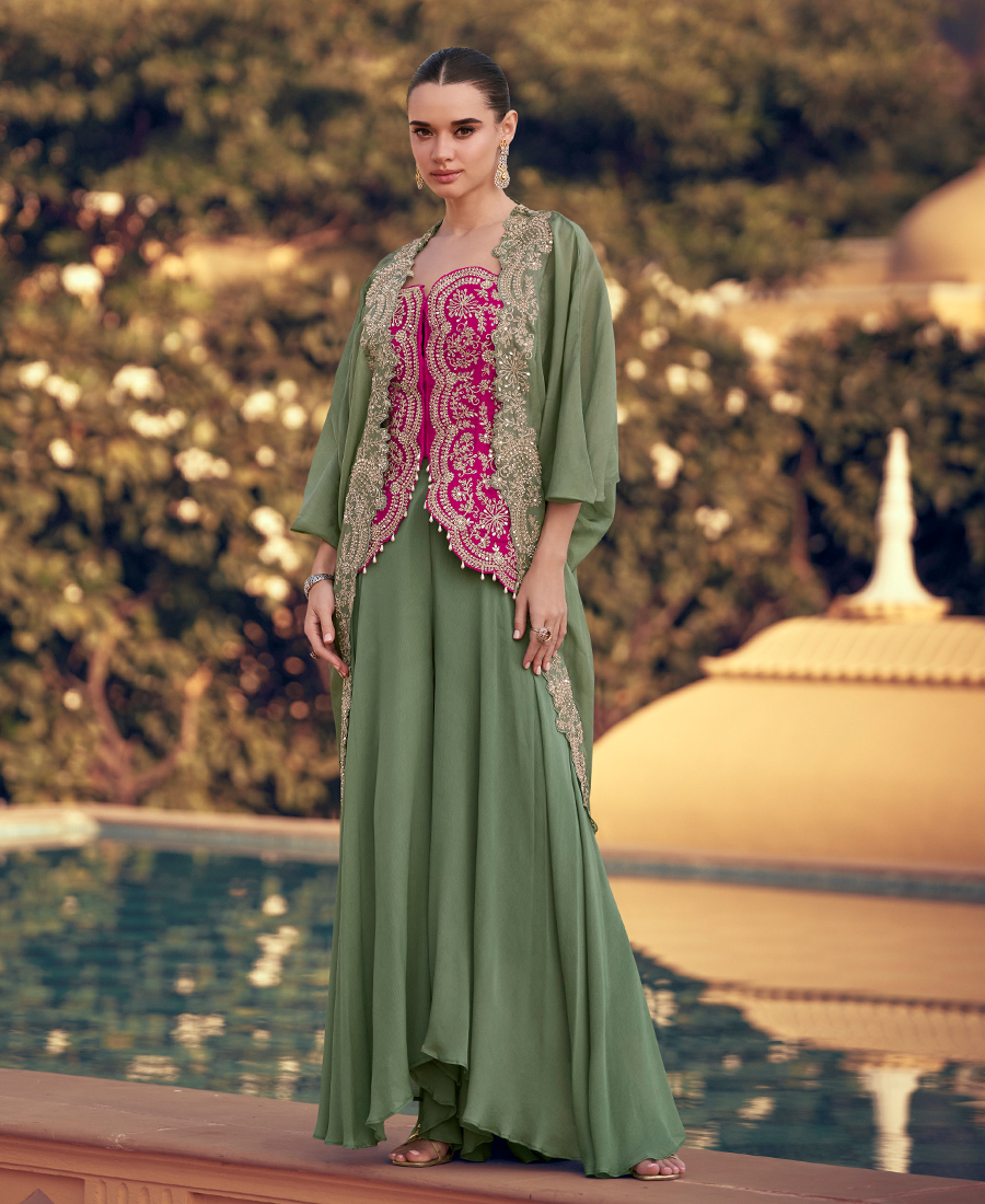 Elegant Pista Green Crop Top Suit Set For Women Wedding Wear - Image 2
