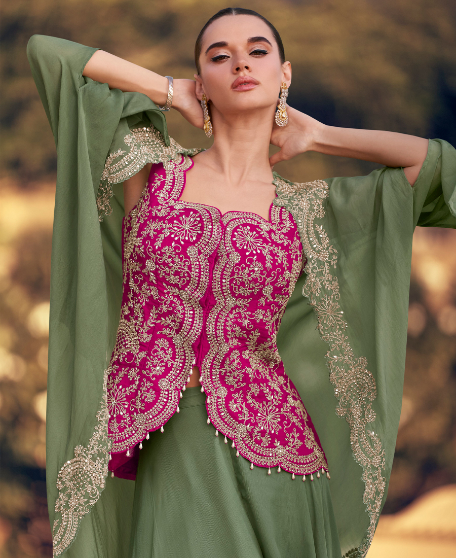 Elegant Pista Green Crop Top Suit Set For Women Wedding Wear