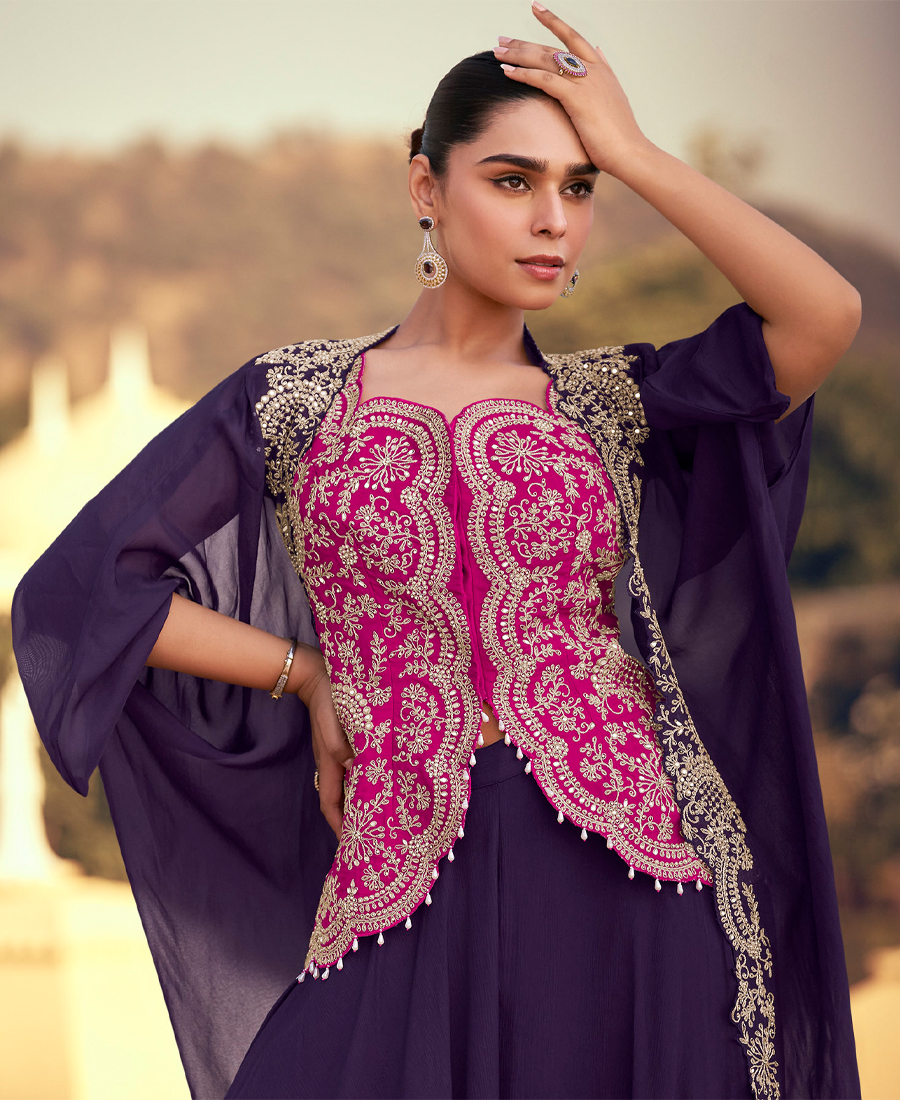 Elegant Purple Crop Top Suit Set For Women Wedding Wear