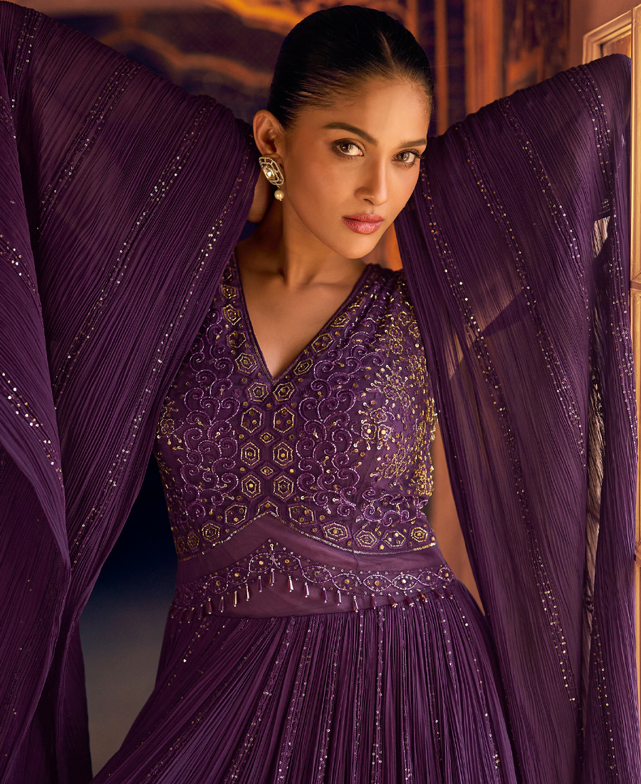 New Cocktail Wear Purple Georgette Embroidery Anarkali Gown For Women