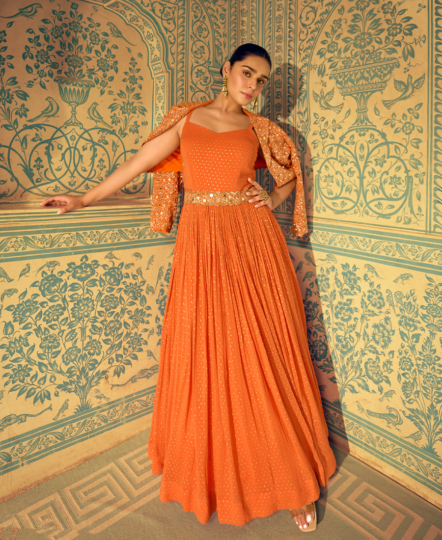 Orange Banarasi Silk Anarkali For Women Wedding Wear - Image 3