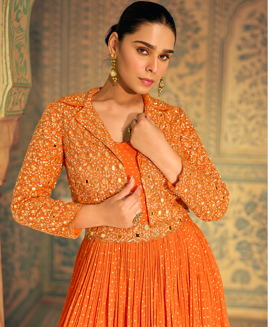 Orange Banarasi Silk Anarkali For Women Wedding Wear - Image 2