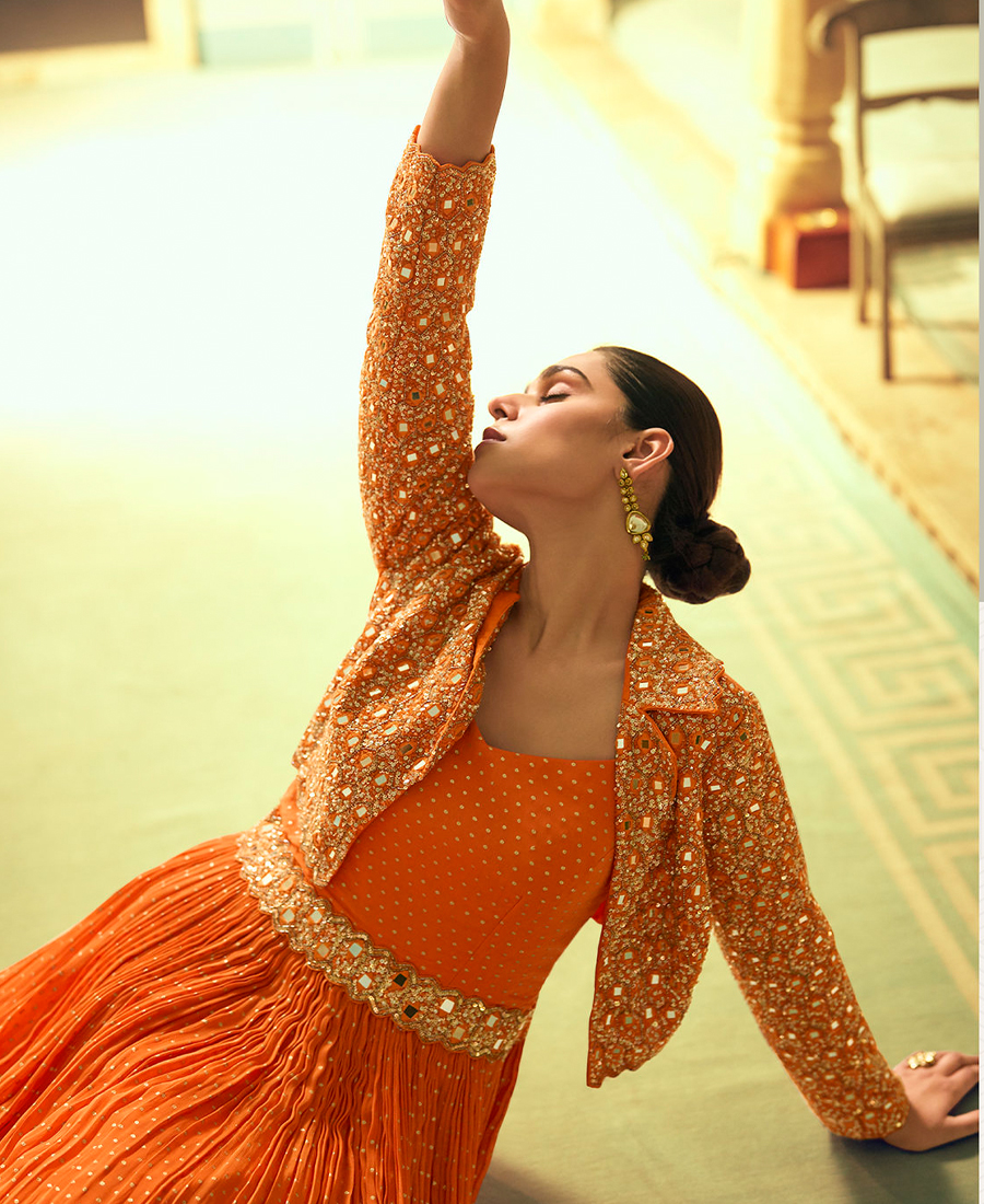 Orange Banarasi Silk Anarkali For Women Wedding Wear