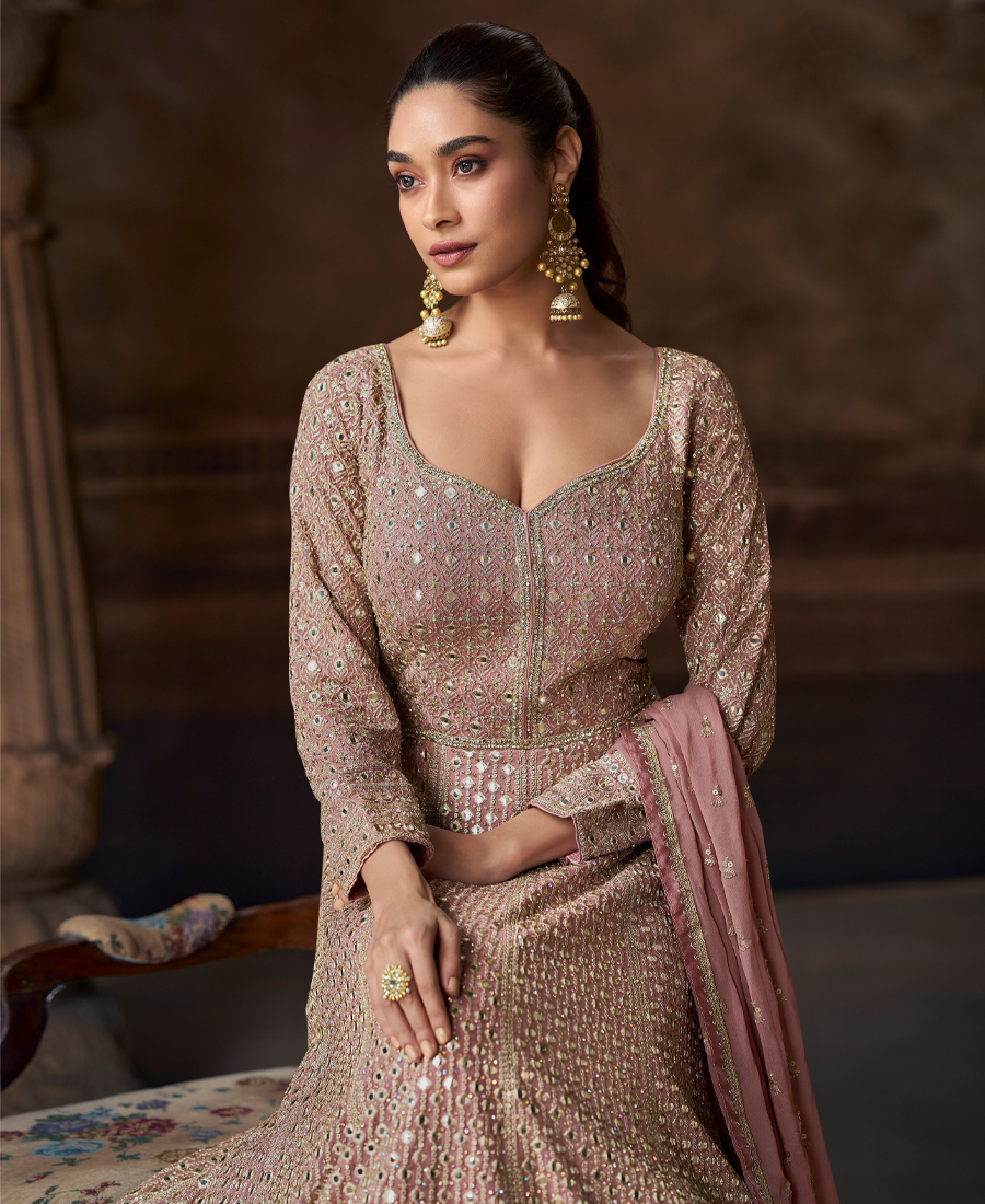 New Chinon Beige Anarkali Suit For Women Wedding Wear