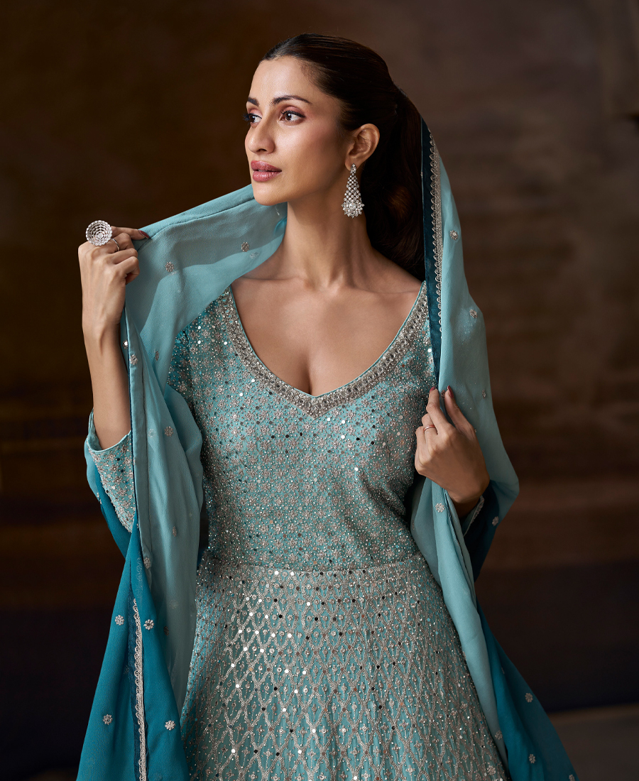 New Chinon Sky Blue Anarkali Suit For Women Wedding Wear