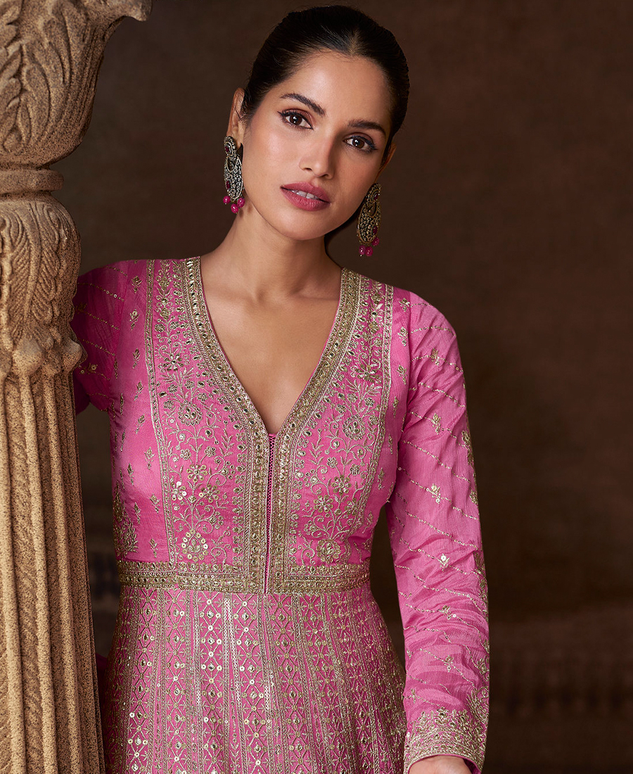 New Chinon Pink Anarkali Suit For Women Wedding Wear