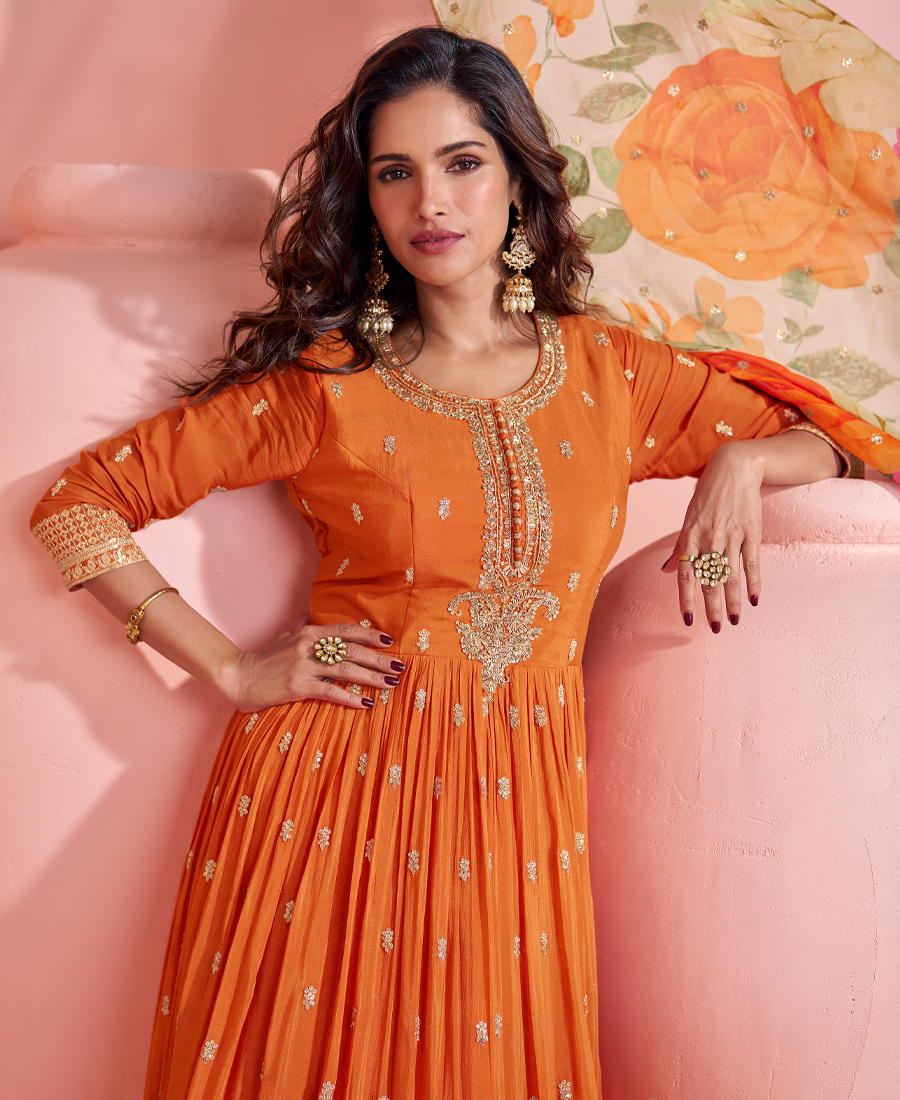 Summer Special Orange Chinon Anarkali Set For Women - Image 3