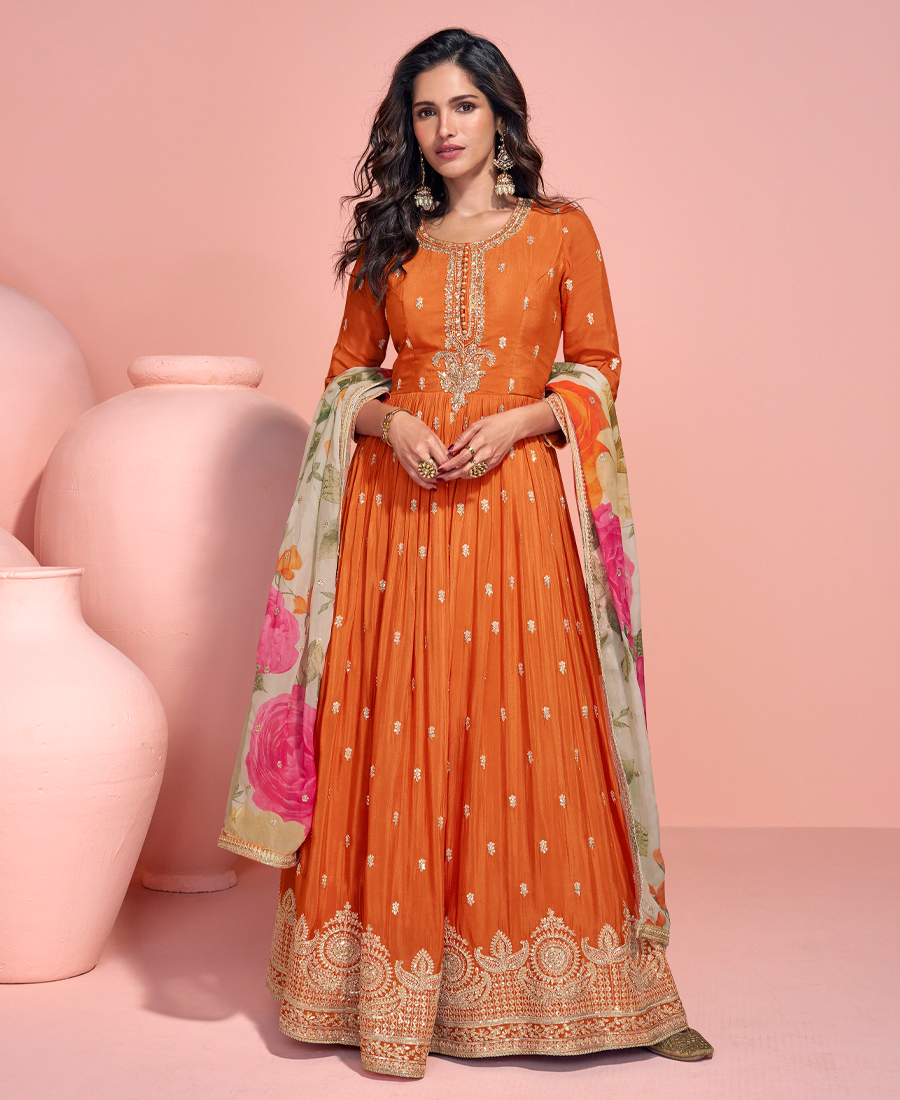 Summer Special Orange Chinon Anarkali Set For Women - Image 2