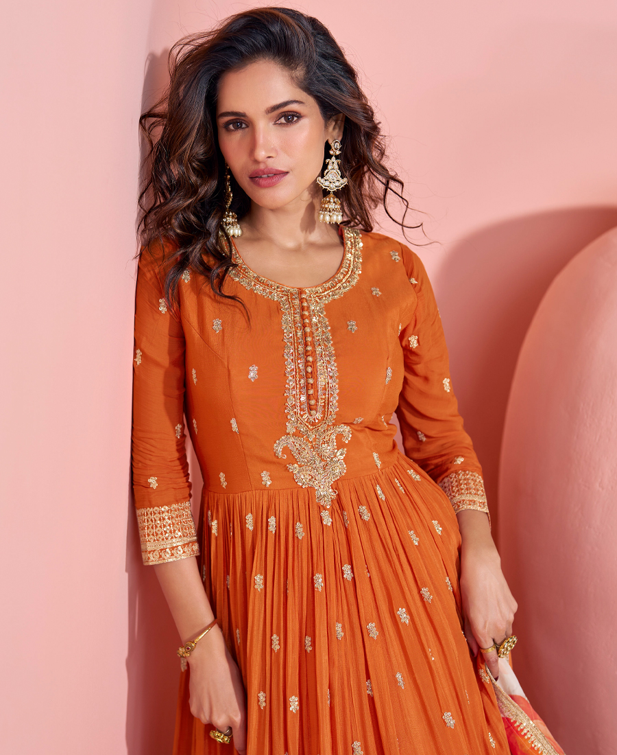 Summer Special Orange Chinon Anarkali Set For Women