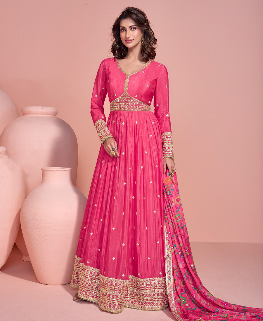 Summer Special Pink Chinon Anarkali Set For Women - Image 2