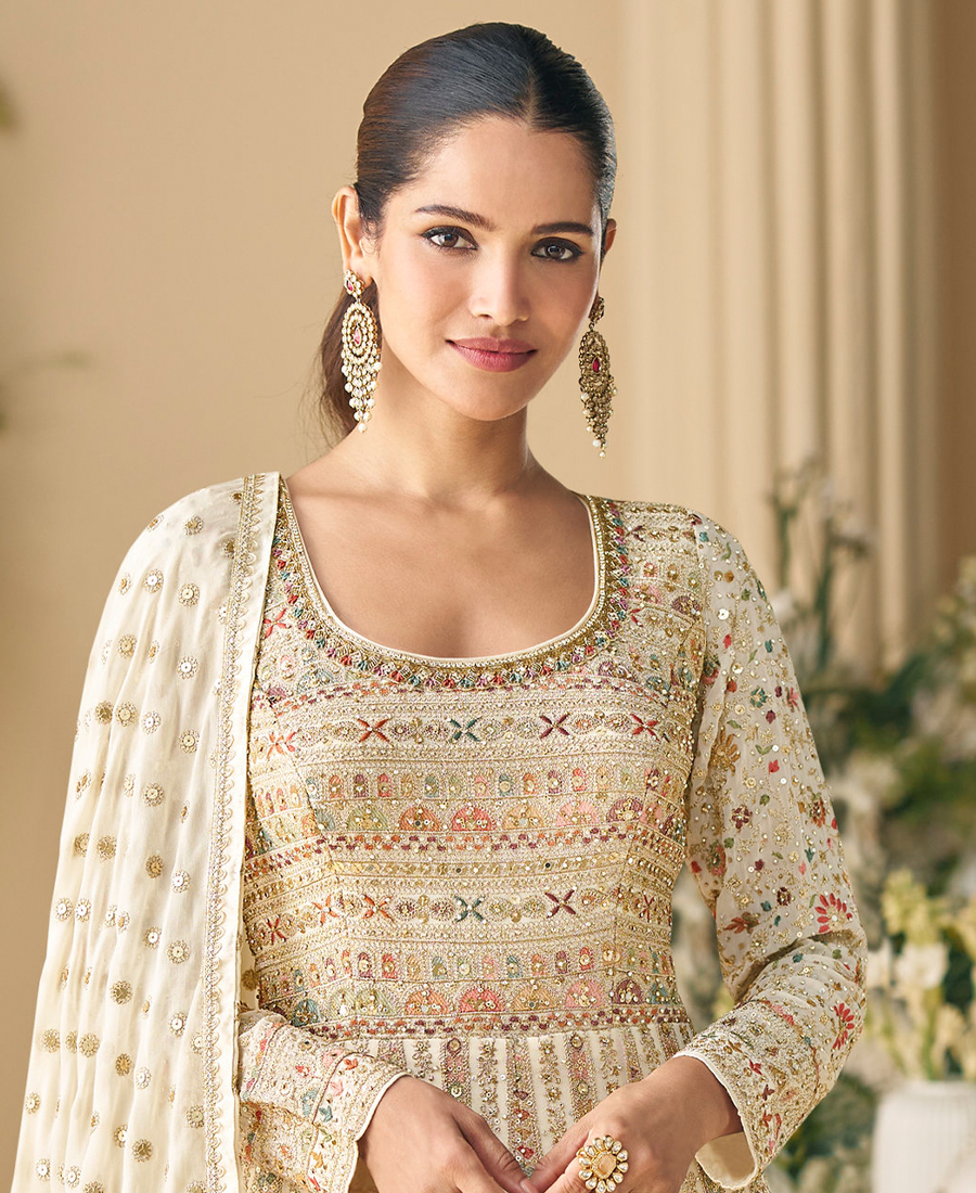 Heavy Embroidery Worked Georgette White Anarkali For Women Wedding Wear - Image 3