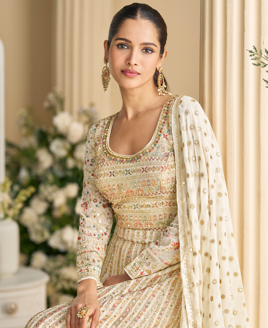 Heavy Embroidery Worked Georgette White Anarkali For Women Wedding Wear