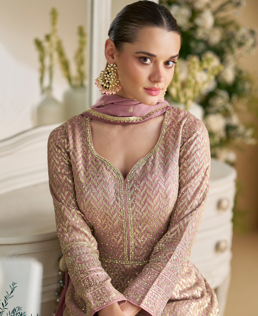 Heavy Embroidery Worked Georgette Pink Anarkali For Women Wedding Wear