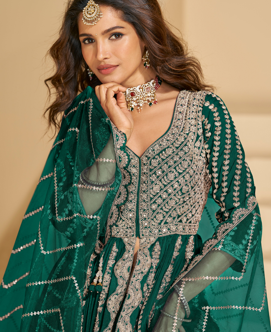 Bridal Wear Green Front Slit Anarkali Suit For Women