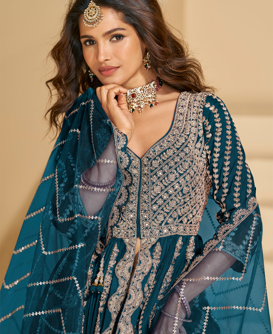 Bridal Wear Blue Front Slit Anarkali Suit For Women