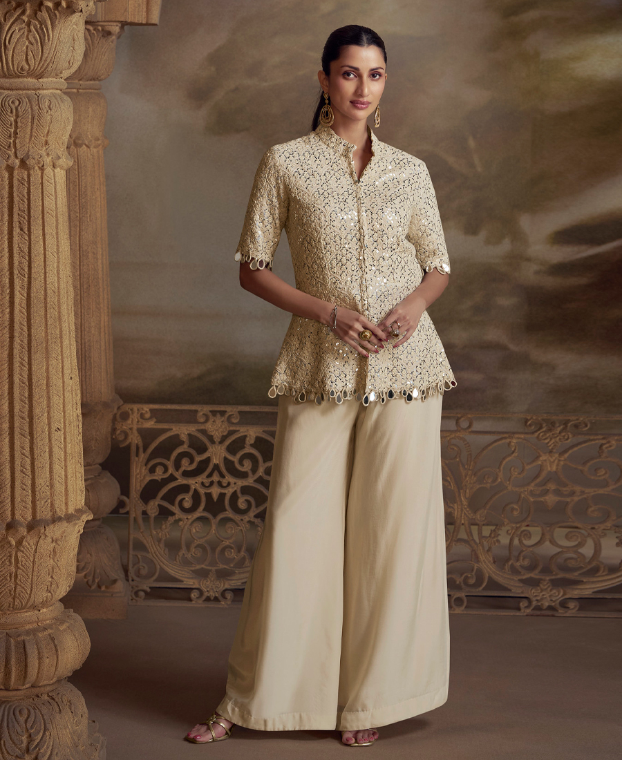 Indo Wester Style Palaazo Suit For Women Georgette Fabric White - Image 4