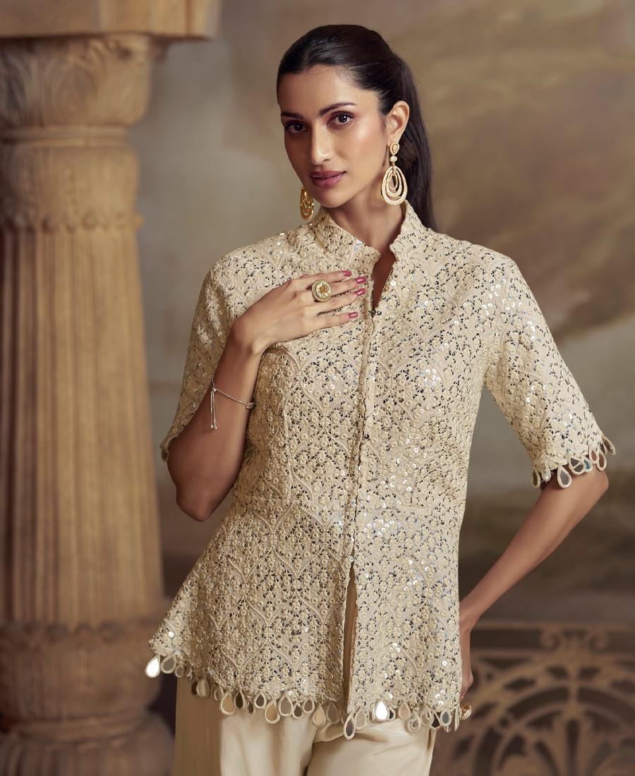 Indo Wester Style Palaazo Suit For Women Georgette Fabric White - Image 3