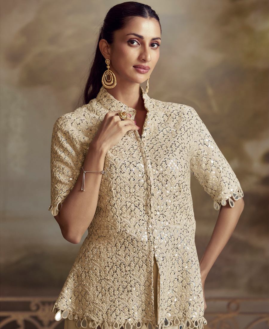 Indo Wester Style Palaazo Suit For Women Georgette Fabric White