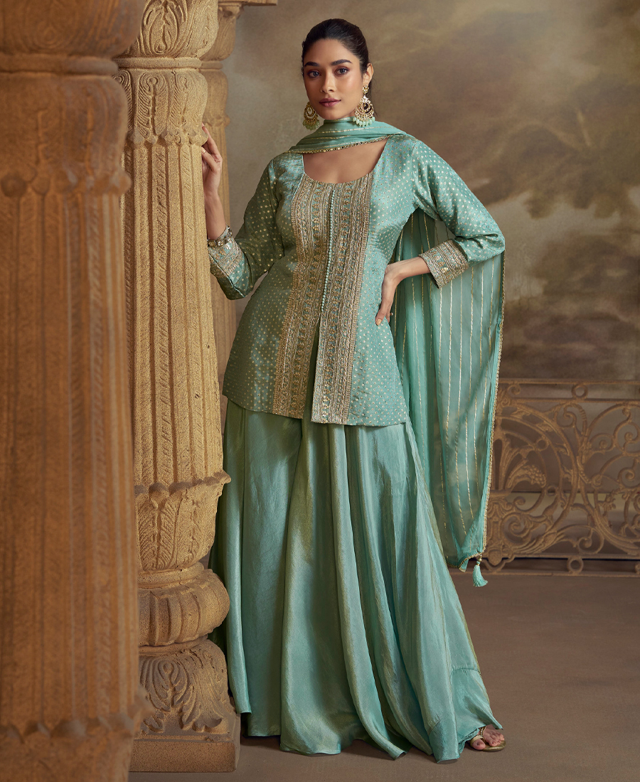 Indo Wester Style Palaazo Suit For Women Georgette Fabric Sky Blue - Image 3