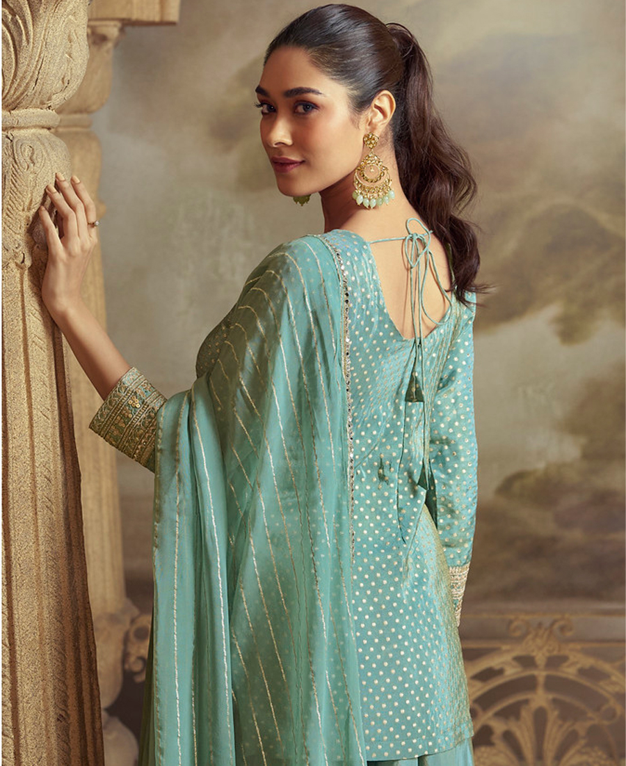 Indo Wester Style Palaazo Suit For Women Georgette Fabric Sky Blue - Image 2