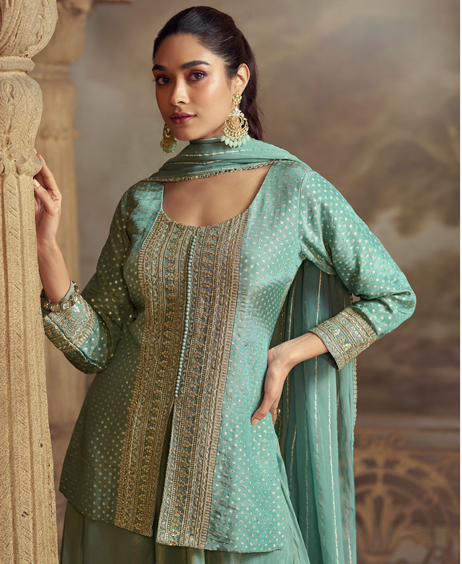 Indo Wester Style Palaazo Suit For Women Georgette Fabric Sky Blue