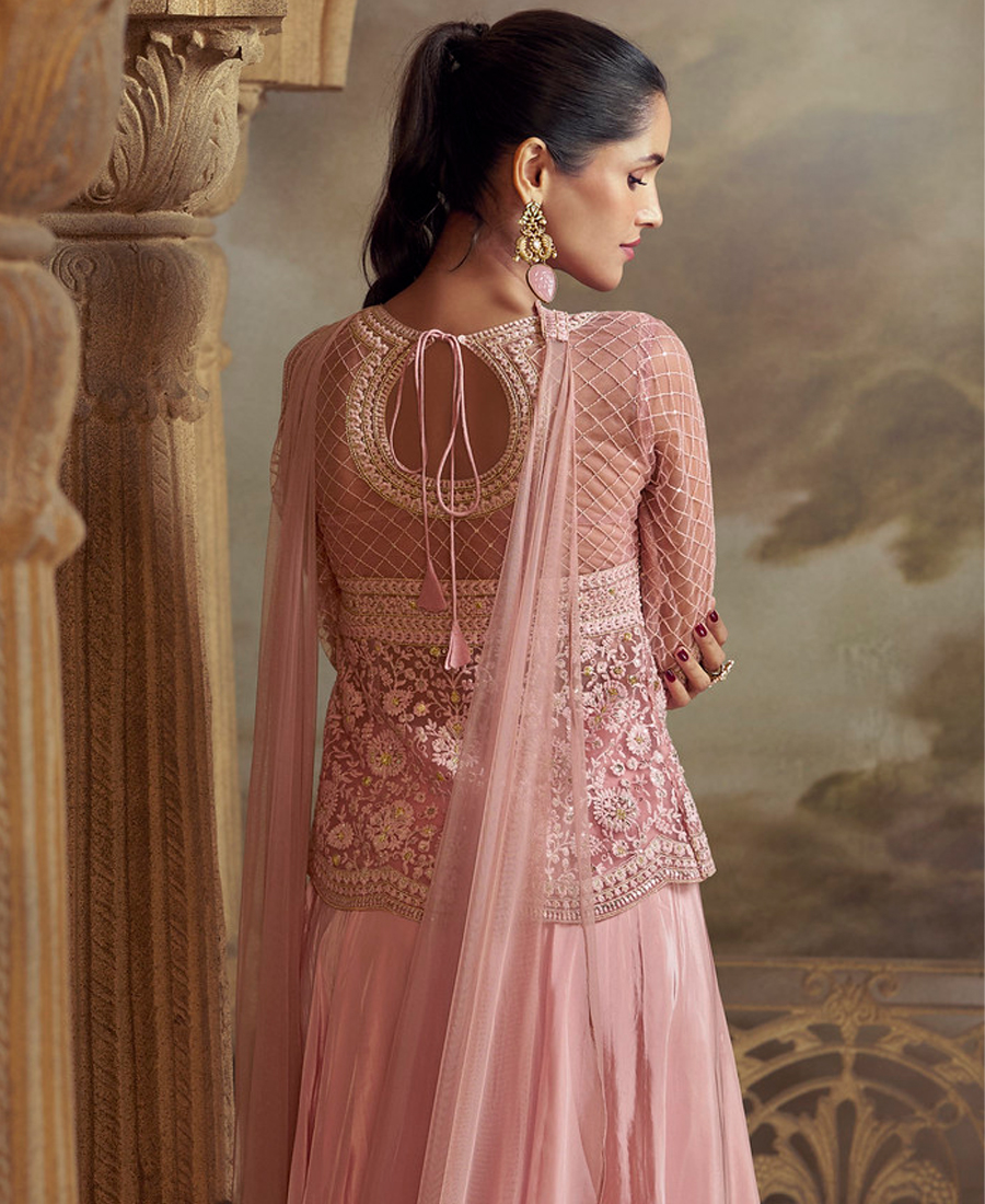 Indo Wester Style Palaazo Suit For Women Georgette Fabric Pink - Image 2