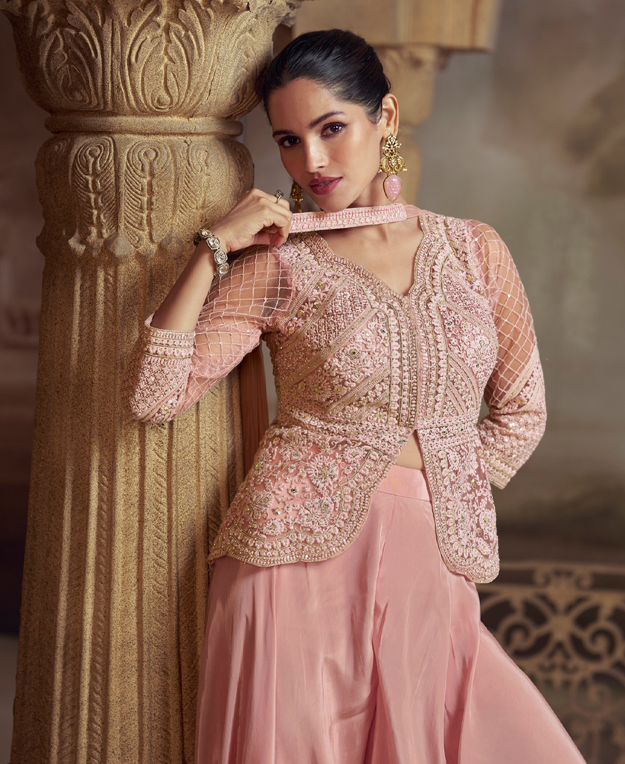 Indo Wester Style Palaazo Suit For Women Georgette Fabric Pink