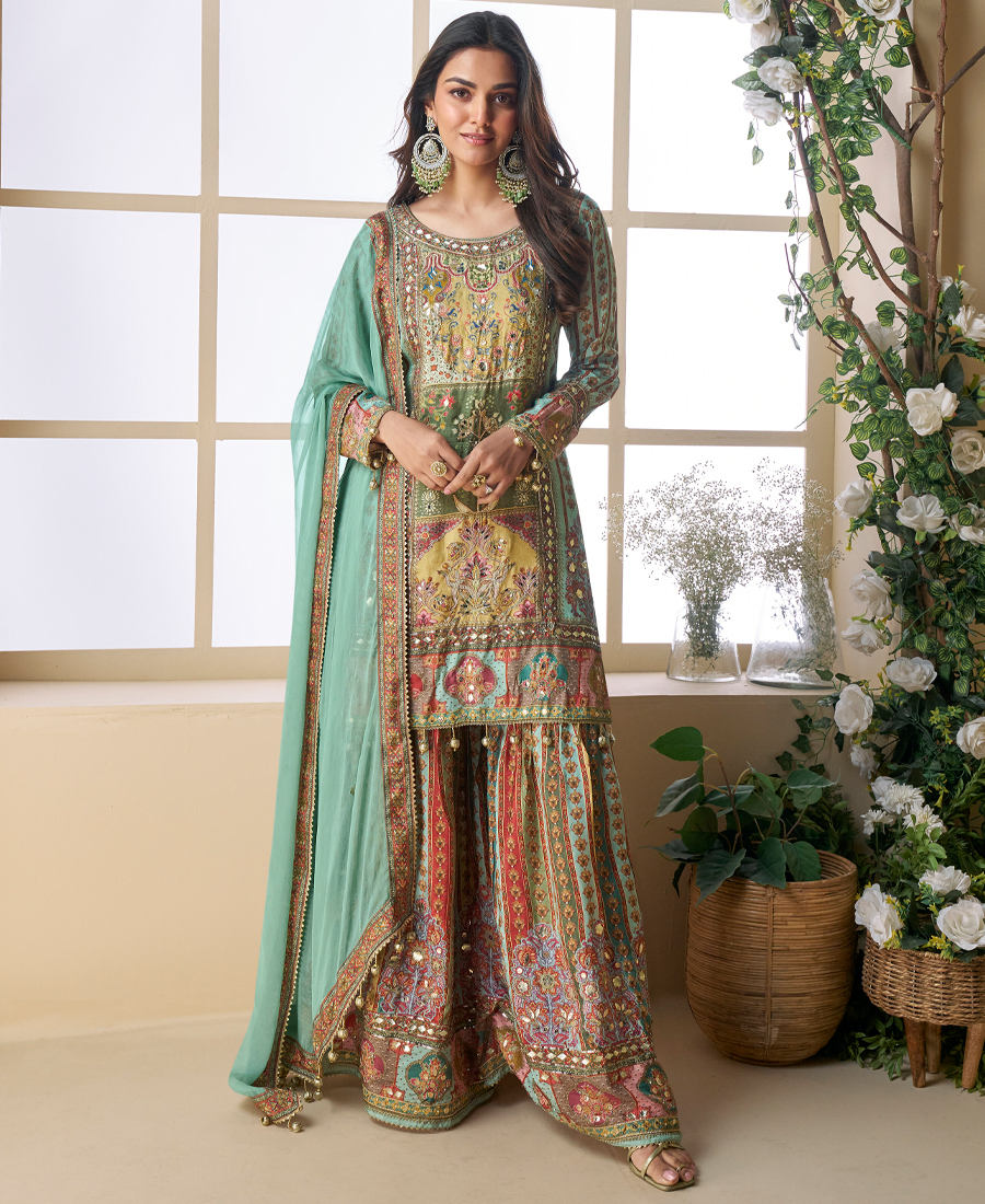 Designer Mustard Yellow Ajrakh Print Palazzo Suit Set For Women Wedding Wear