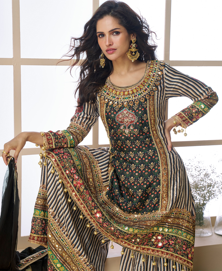 Designer Black Ajrakh Print Palazzo Suit Set For Women Wedding Wear