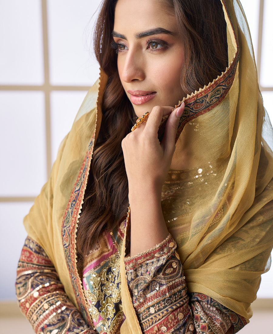 Designer Pink Ajrakh Print Palazzo Suit Set For Women Wedding Wear