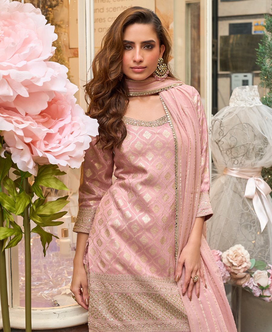 Latest Pink Banarasi Silk Palazzo Suit For Women Wear