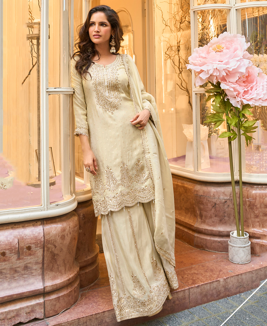 Latest White Banarasi Silk Palazzo Suit For Women Wear
