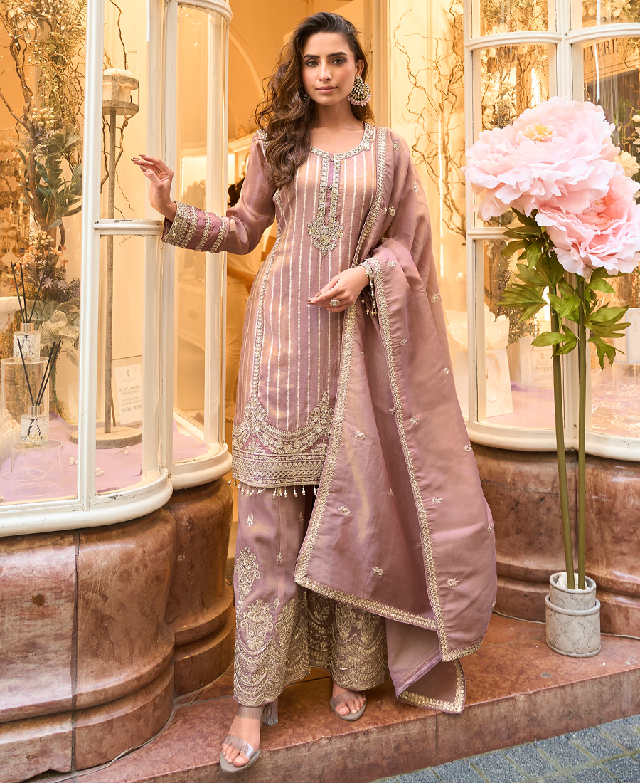 Latest Dusty Pink Banarasi Silk Palazzo Suit For Women Wear - Image 4
