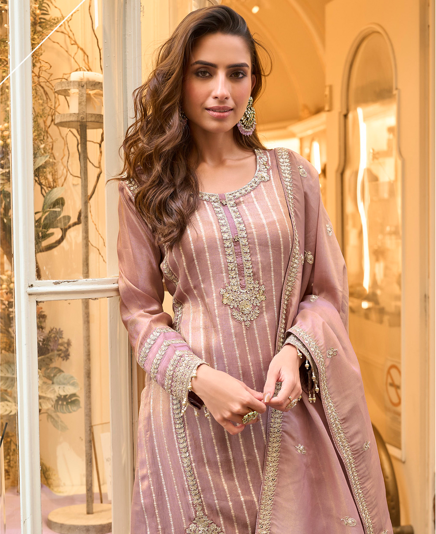 Latest Dusty Pink Banarasi Silk Palazzo Suit For Women Wear - Image 3