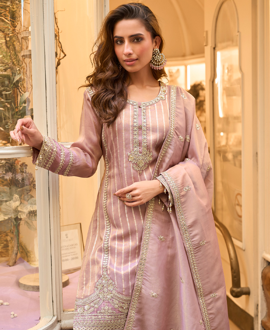 Latest Dusty Pink Banarasi Silk Palazzo Suit For Women Wear - Image 2