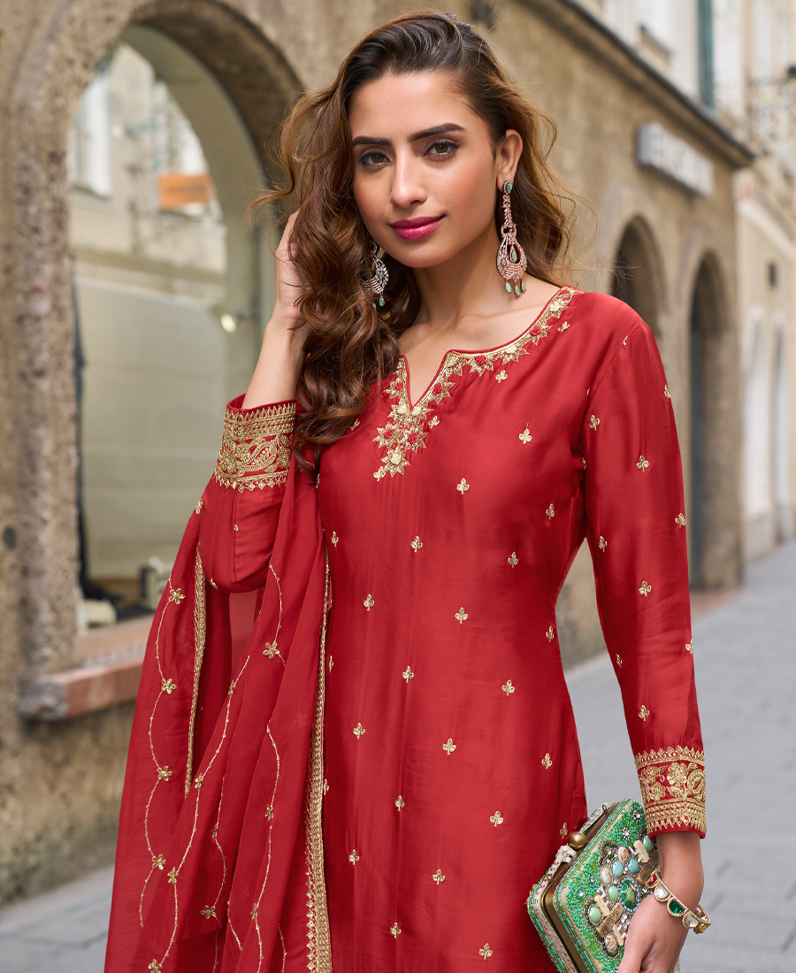 New Festival Wear Chinon Red Salwar Kameez For Women