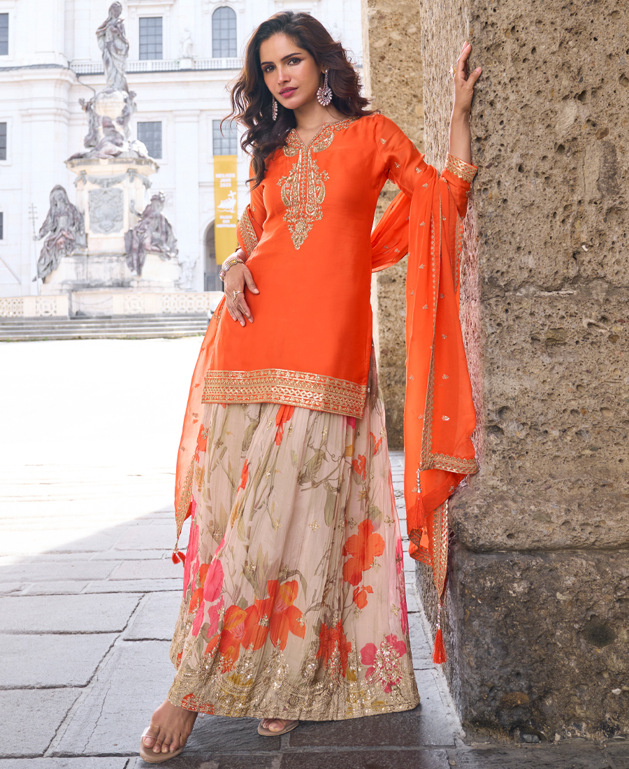 New Festival Wear Chinon Orange Salwar Kameez For Women